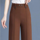 Calças Femininas Lavina de Cintura Alta com Botões Frontais em Poliéster e Seda Gelo